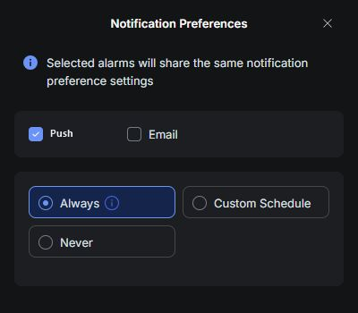 Wybór powiadomień push, email i harmonogramu w UniFi Alarm Manager