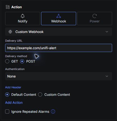 Konfiguracja adresu, metody, nagłówków i danych webhooka w UniFi Alarm Manager