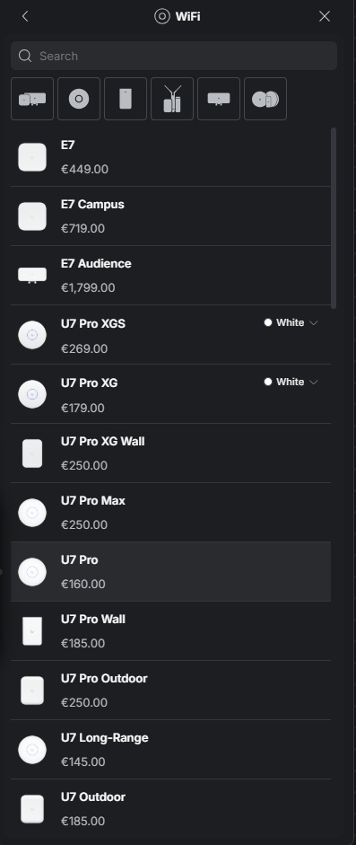 Lista punktów dostępowych UniFi dostępnych w Design Center