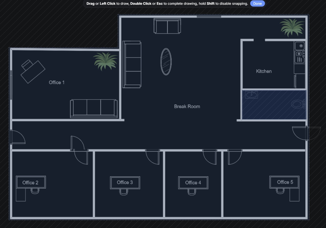 Strefy Wi-Fi zaznaczone na rzucie biura w UniFi Design Center