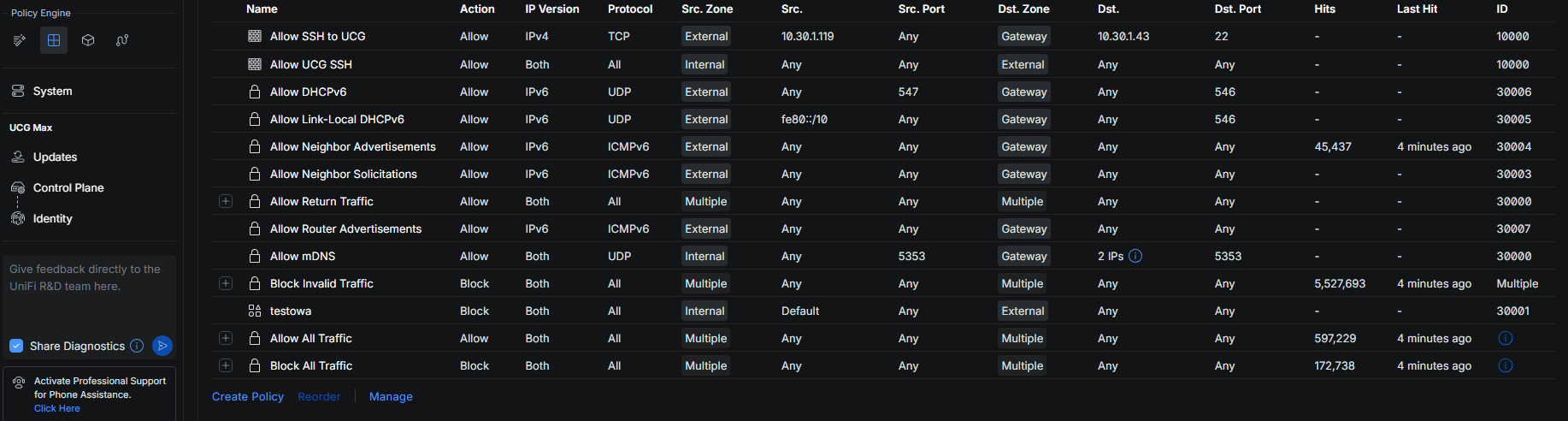 Liczniki Firewall Hits i Last Hit w tabeli reguł UniFi Network 10.5