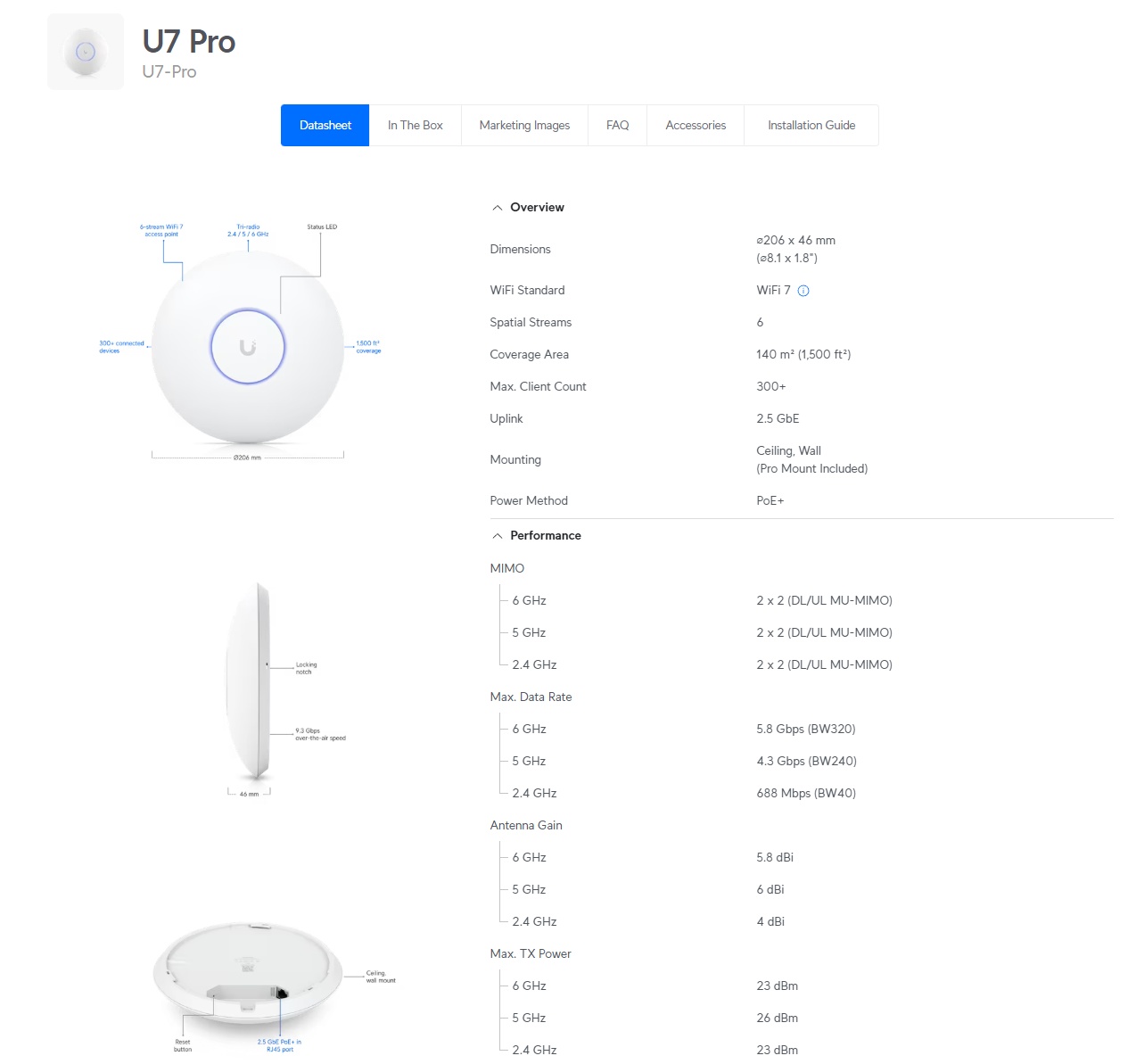 Karta produktu U7 Pro w Ubiquiti TechSpecs z parametrami i odnośnikami do dokumentacji