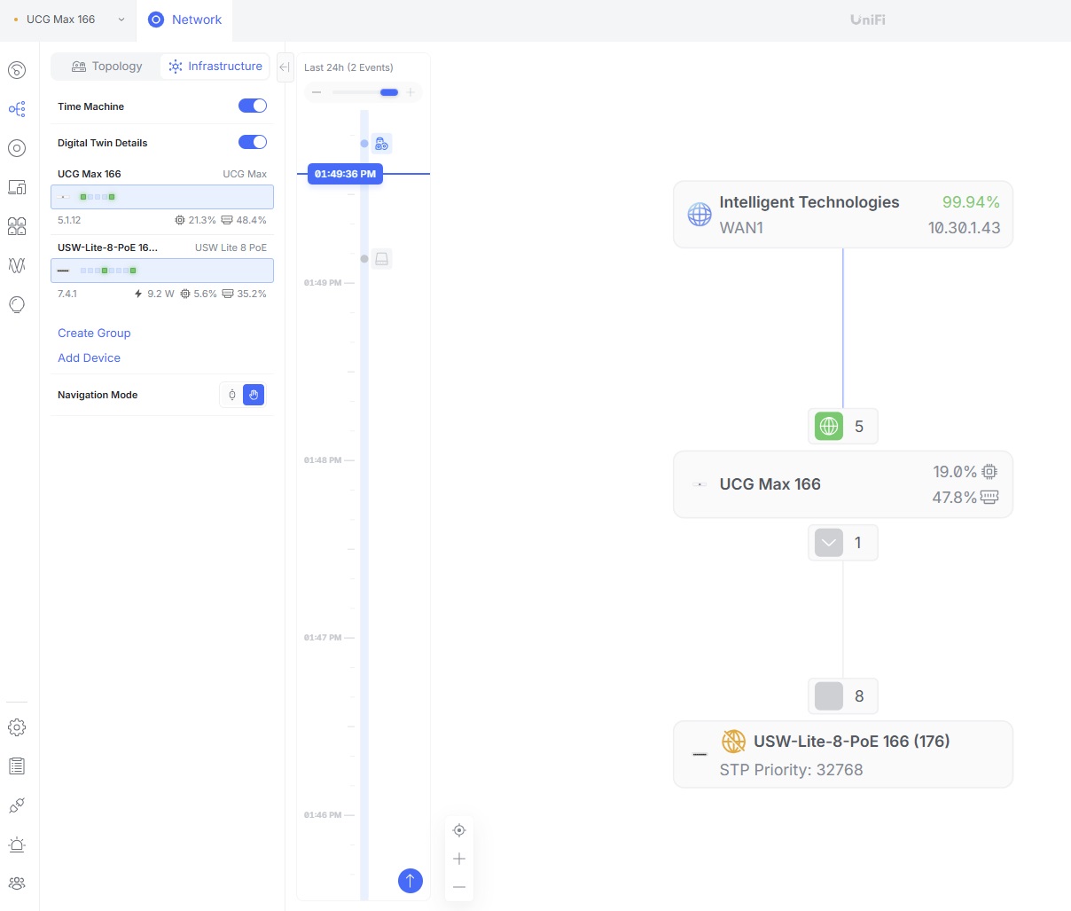 Widok Infrastructure Topology z funkcją Time Machine w UniFi Network 10.4