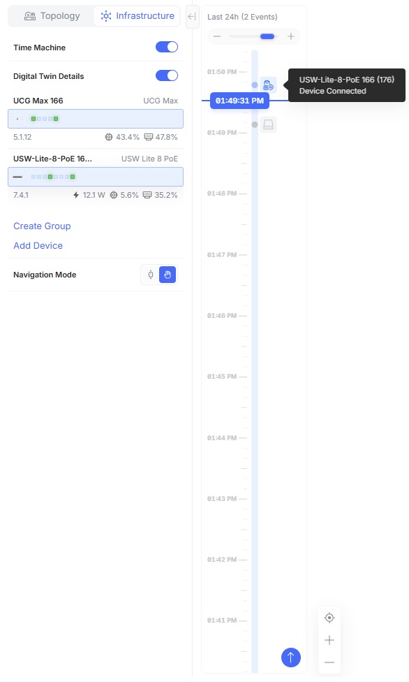 Oś czasu Time Machine w topologii UniFi Network 10.4